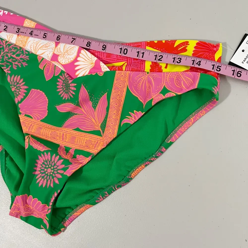 Bar III Paradise Club High Waist Bikini Bottom Green Multi Tropical Floral L NWT